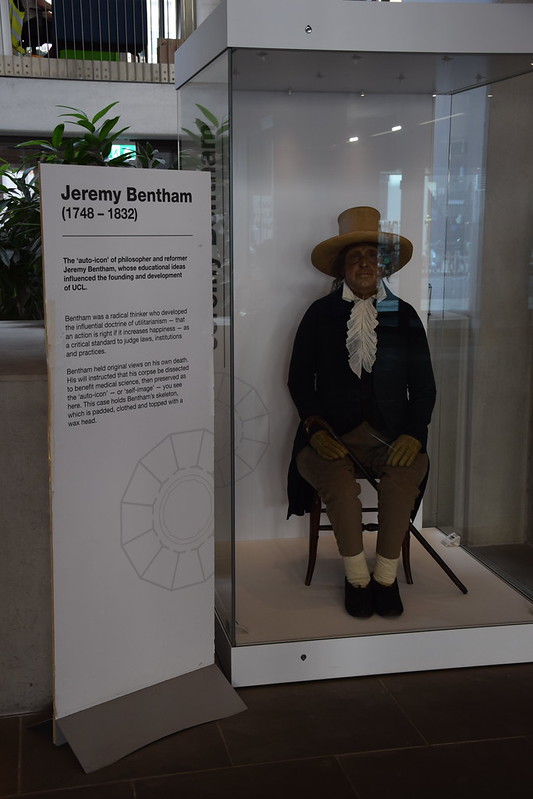Auto-icon of Jeremy Bentham displayed in a glass case at University College London